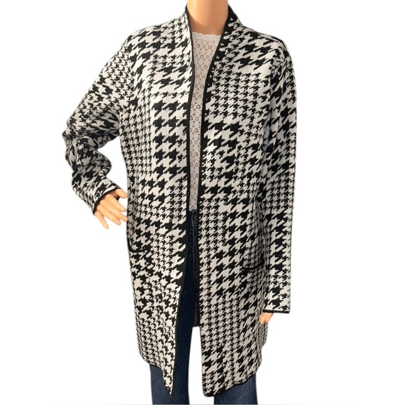 NWT Nine West Black & White Houndstooth Open-Front Cardigan Duster Sweater XXL - Picture 5 of 9